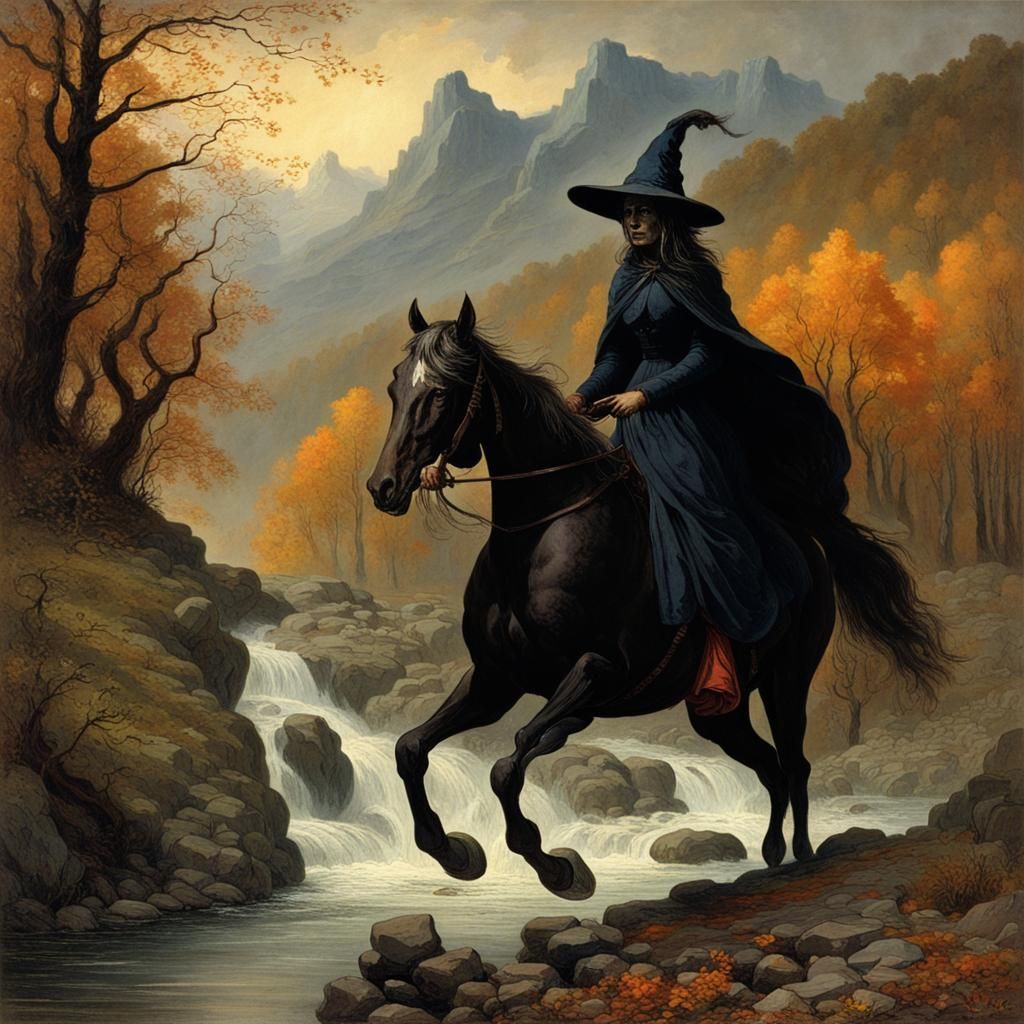 Witch Rides Horse Through Autumn Landscape in Horror Style