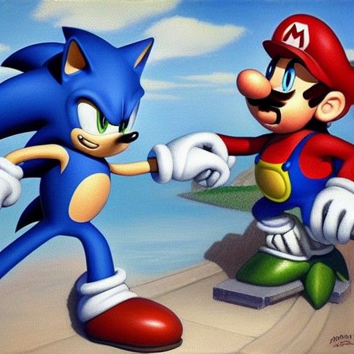 Epic Showdown: Sonic vs. Mario in Oil Painting
