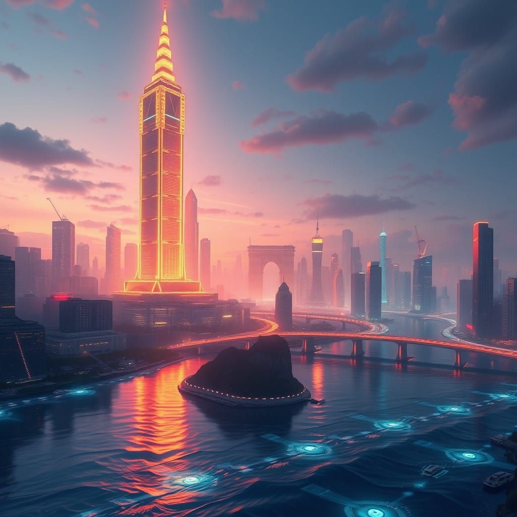 Ethereal Cityscape at Dusk with Radiant Skyscraper and Glowi...