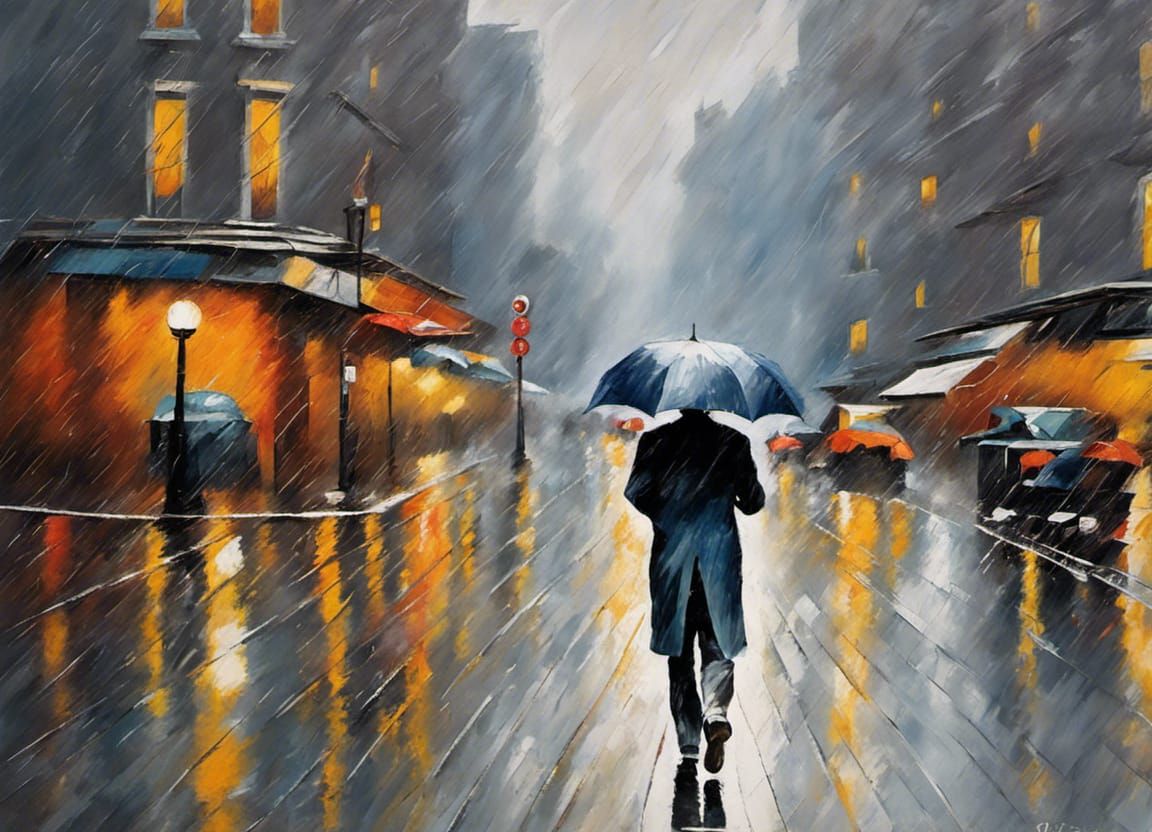 Man Walks in Rainy City: Expressionist Oil Painting