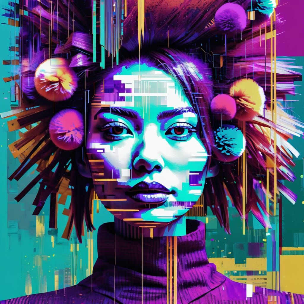 Glitch Portrait of Woman Amidst Vibrant Pom-Poms