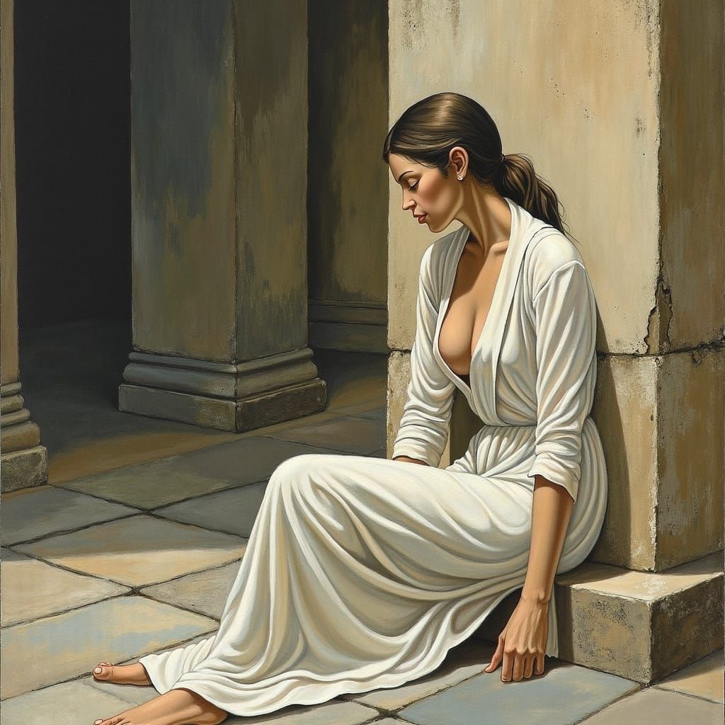 Introspective Woman Meditating in Ancient Architecture