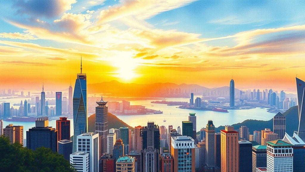 Hong Kong Victoria Harbour Sunset in Watercolor Style