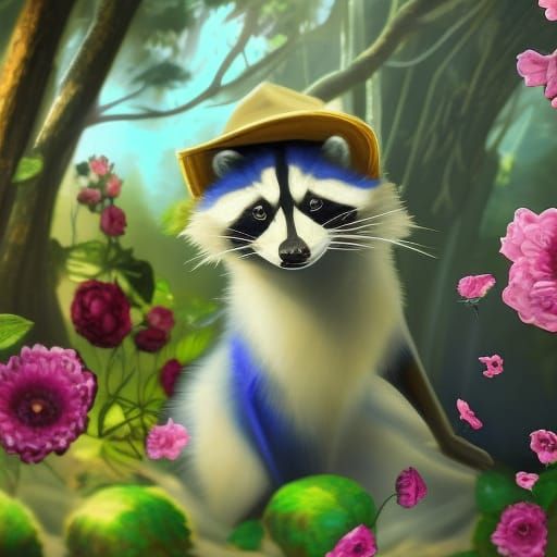 Sapphire Raccoon in Floral Dress: Fantasy Concept Art