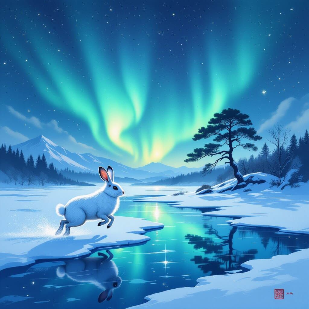 Snow Hare Leaps Under Aurora Borealis in Sumi-e Style