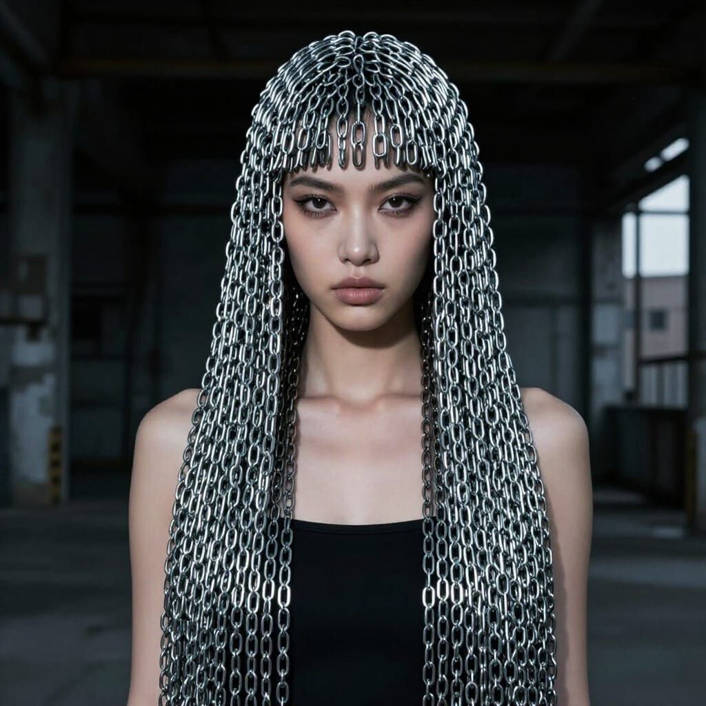 Woman with Steel Chain Wig in Avant-Garde Fashion