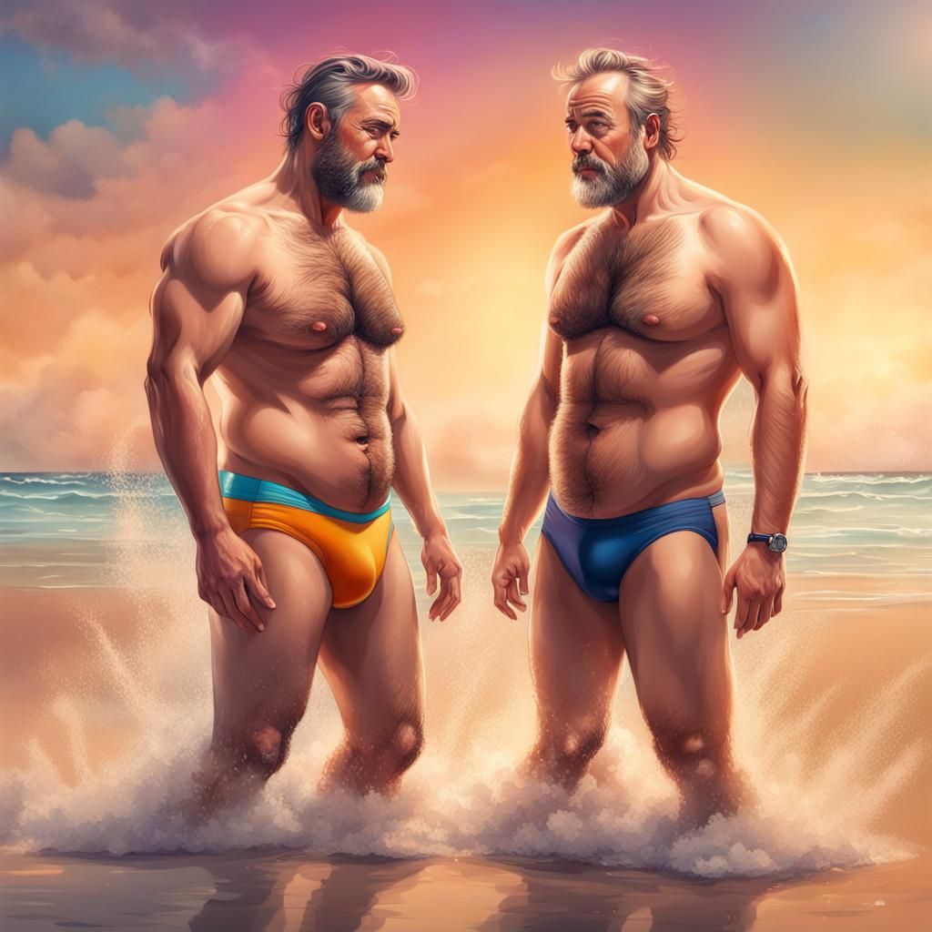 Hyperrealistic Beach Scene of Two Men in Speedos