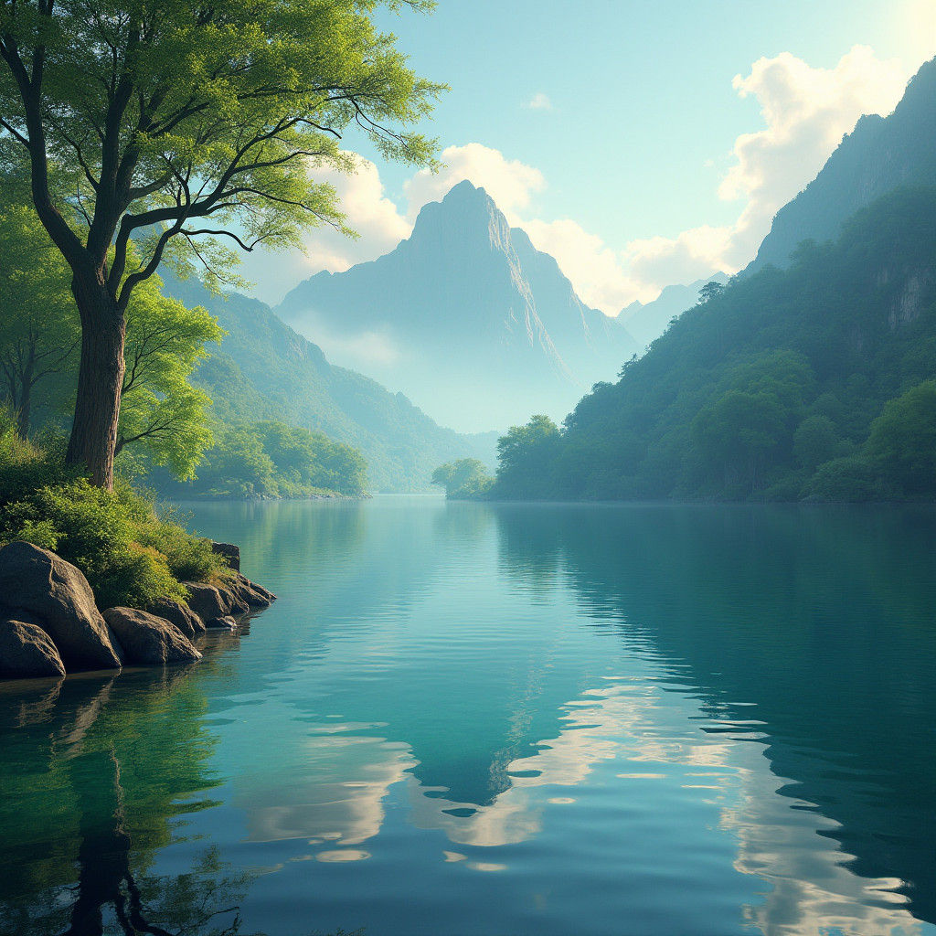 Tranquil Lake Scene in Fantasy Matte Painting Style