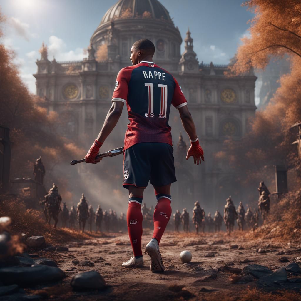 Mbappé Shooting: Detailed Matte Painting in Deep Color