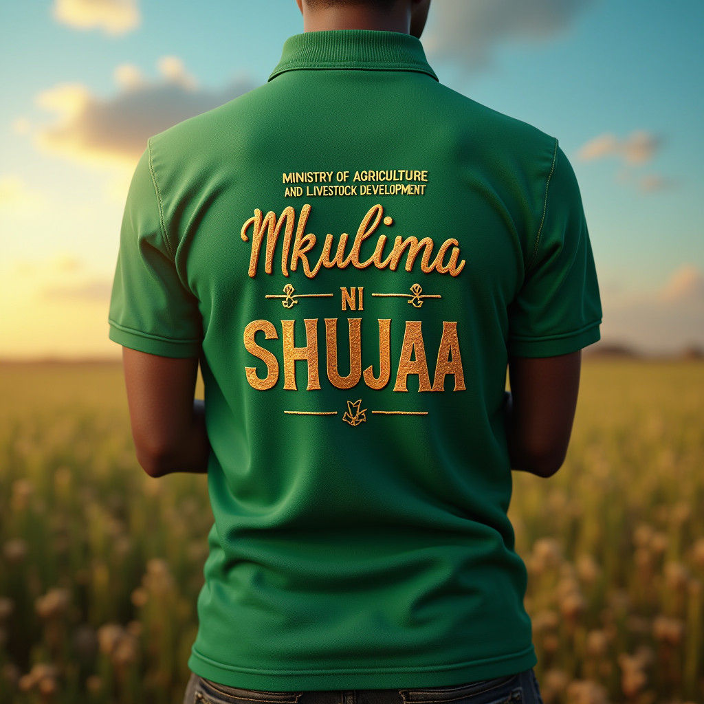 Embroidered Polo Shirt with Swahili Text in Digital Painting...