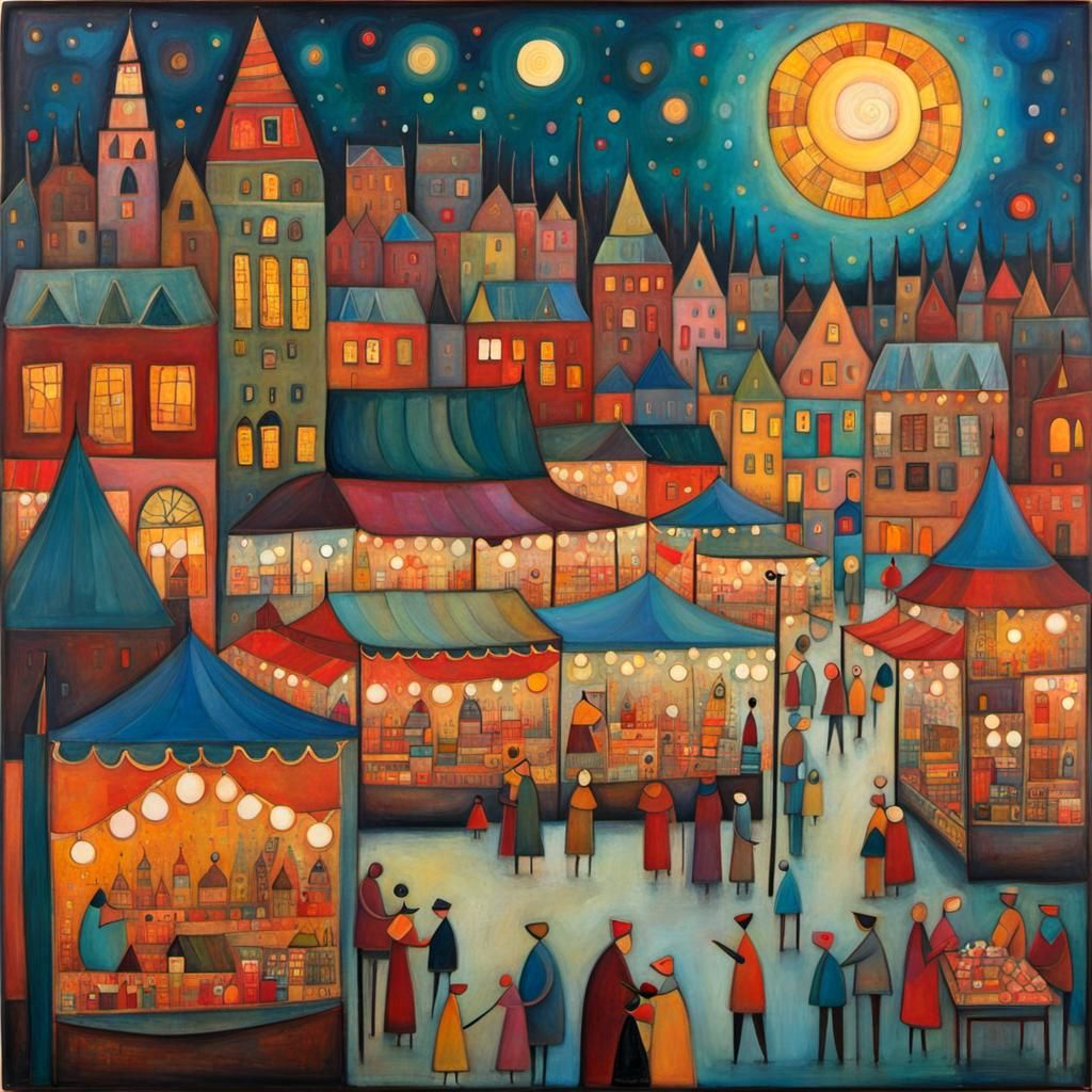 Encaustic Night Market Inspired by Klee