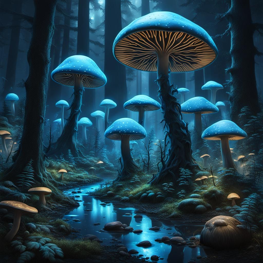 Bioluminescent Mushroom Forest in Detailed Matte Painting