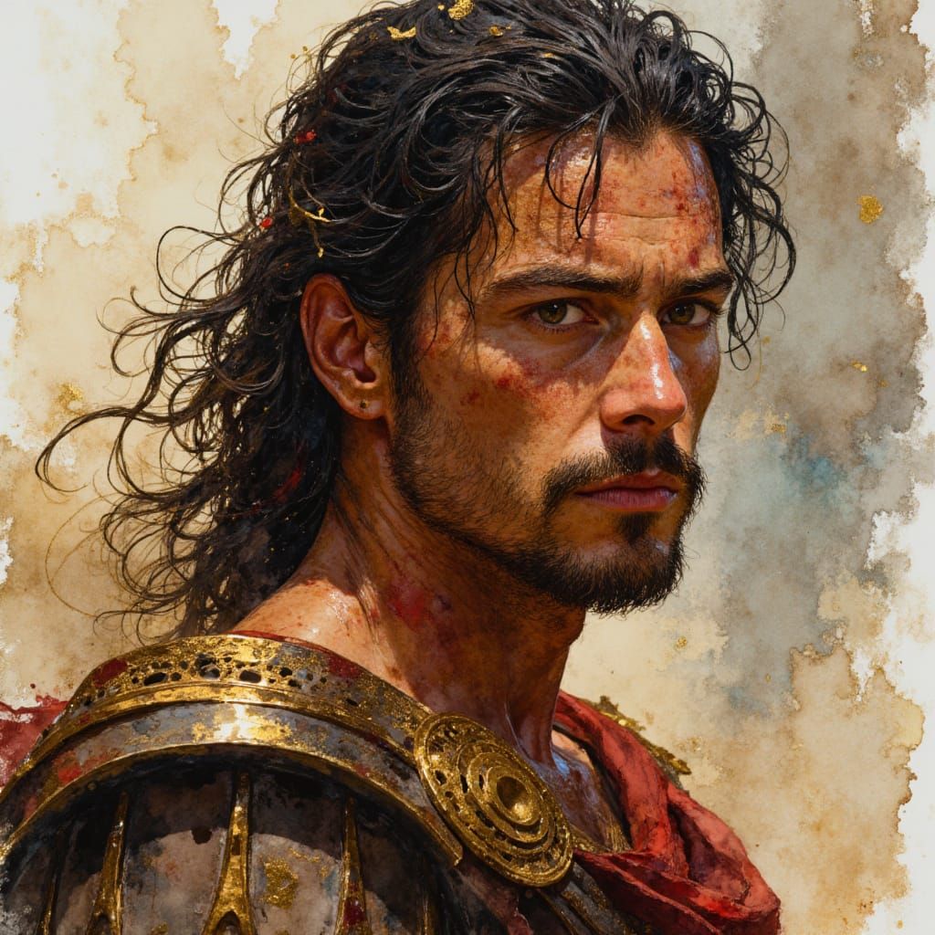 Warrior Prince's Emotional Portrait in Watercolor Style