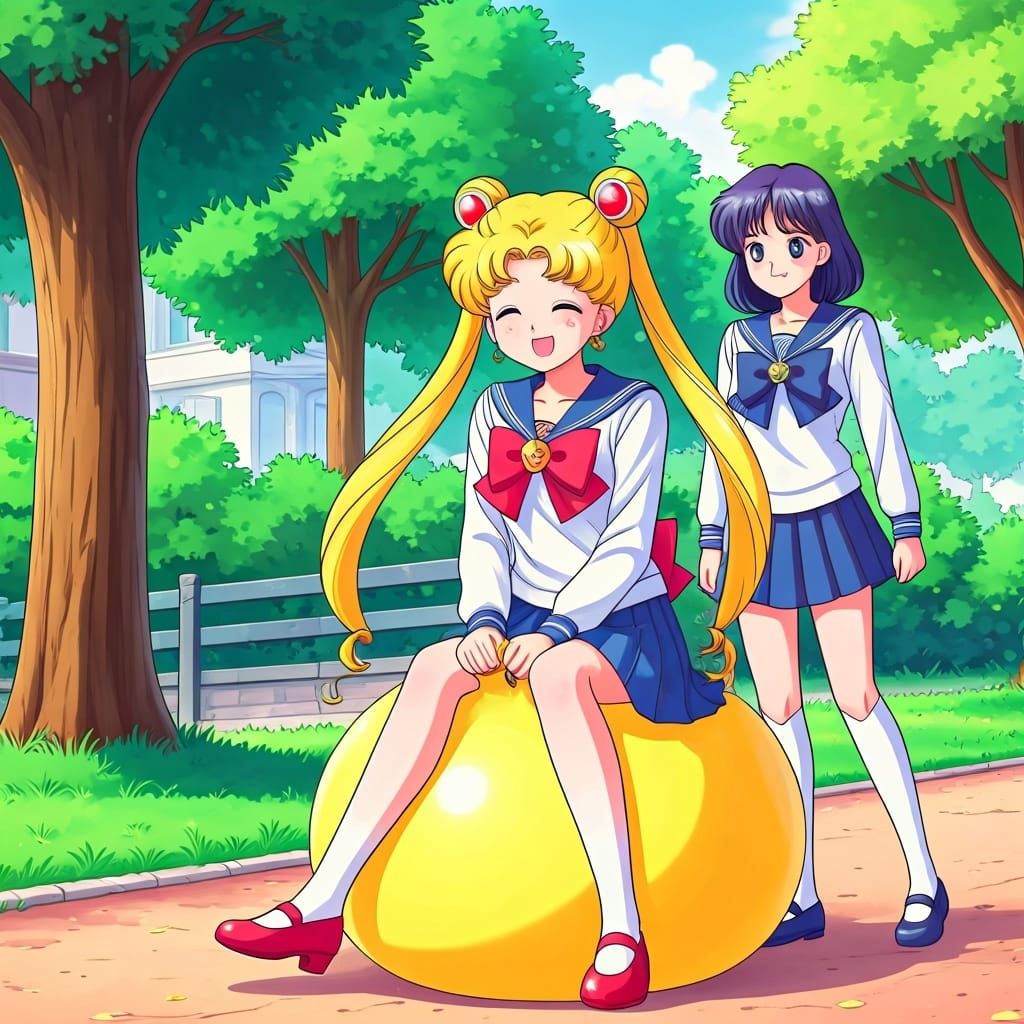 Sailor Moon Bouncing on a Ball in Anime Style