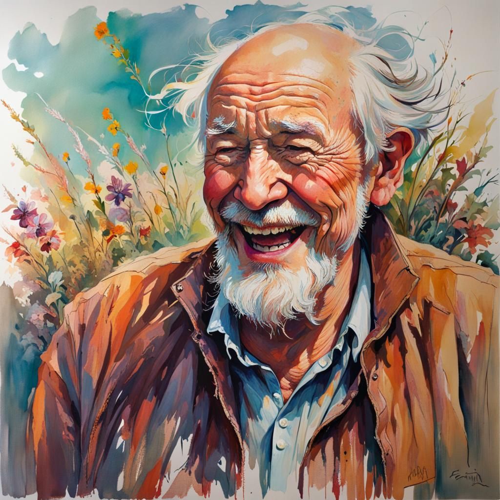 Joyful Old Man Laughing: Impressionistic Portrait