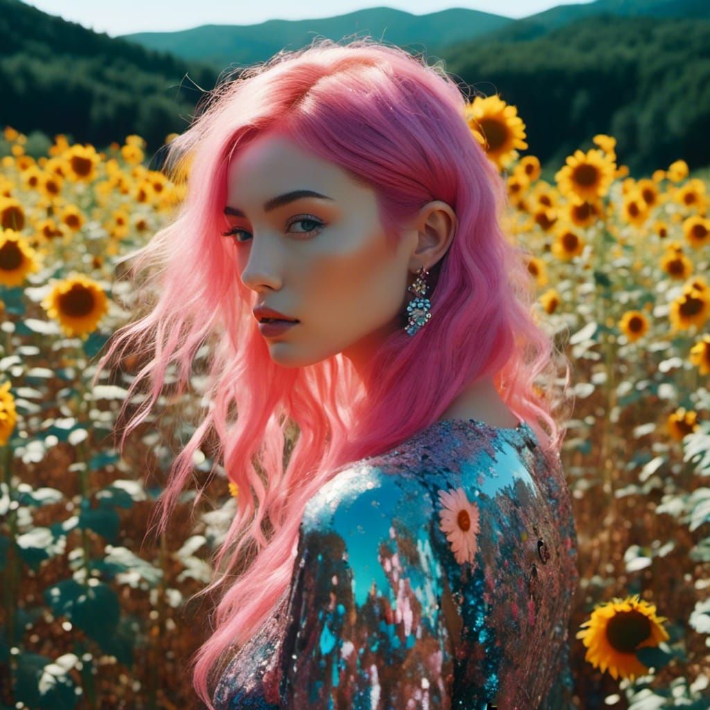 Woman with Pink Hair in Psychedelic Sunflower Meadow