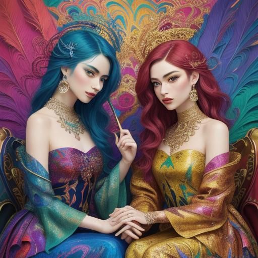 Colorful Women on Floral Throne, Abstract Fauvist Painting