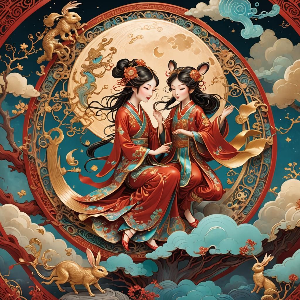 Fairy and Rabbit Moon Festival in Art Nouveau Style