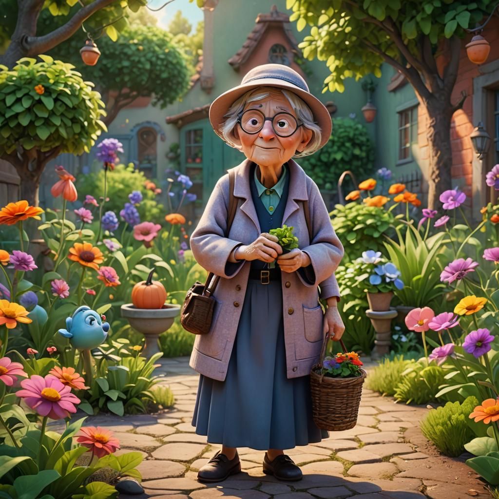 Old Lady in Garden: Pixar-Style 3D Art
