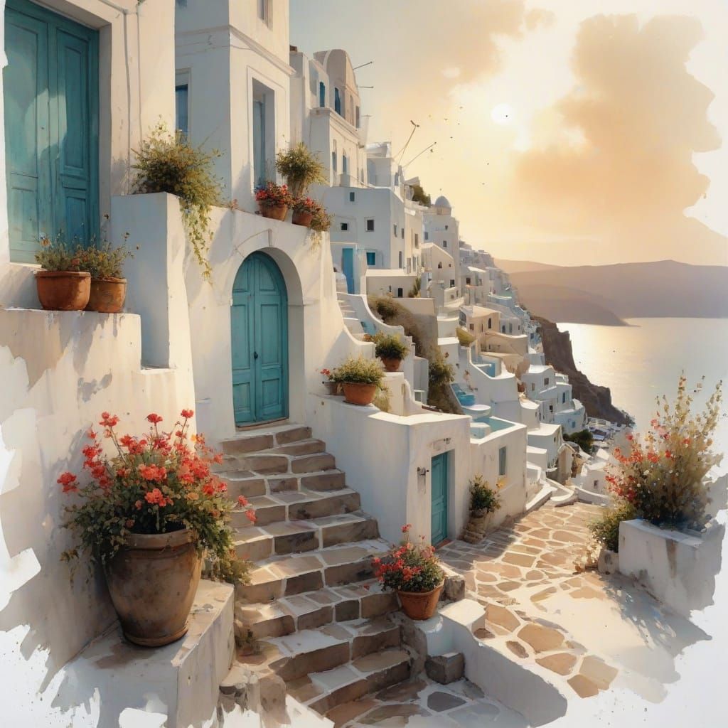 Cubist Santorini Village in Watercolor Style