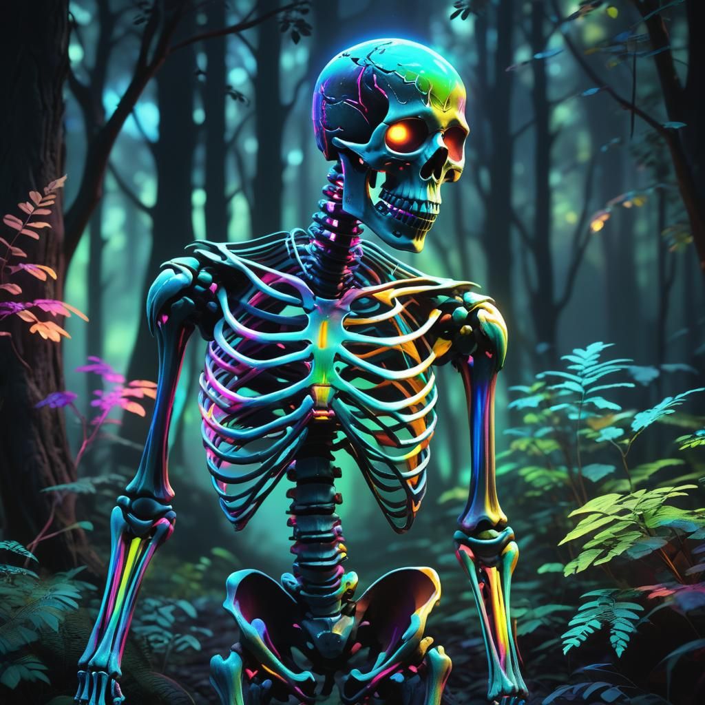 Rainbow Glowing Skeleton in Mystical Forest