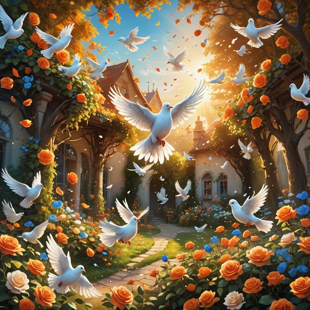 Magical Dove Delivers Roses in Sunlit Garden