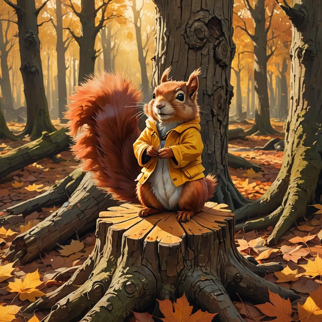 Red Squirrel in Duffle Coat: Fantasy Autumn Art