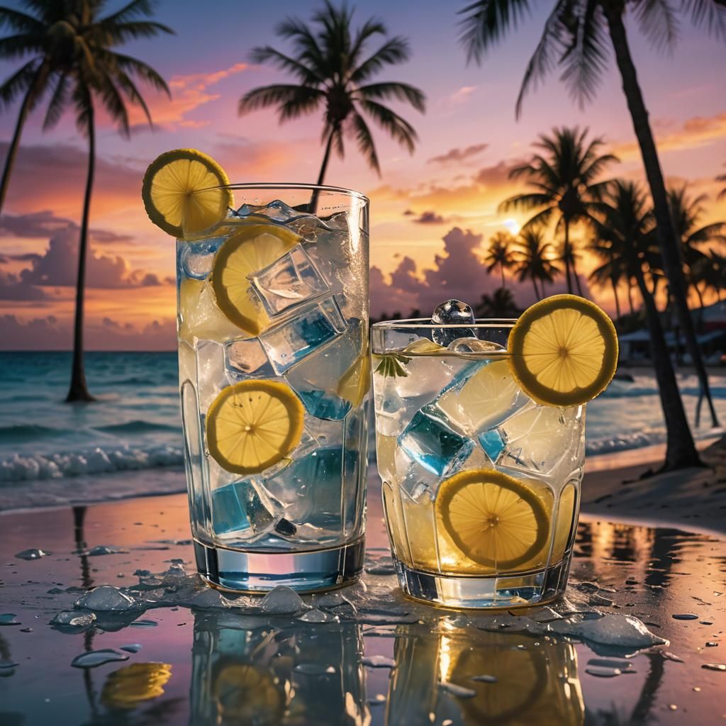 Hyperrealistic Lemonade Splash Art on Tropical Beach