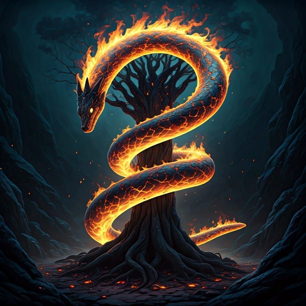 Fiery Serpent Coiled Around Mystical Tree