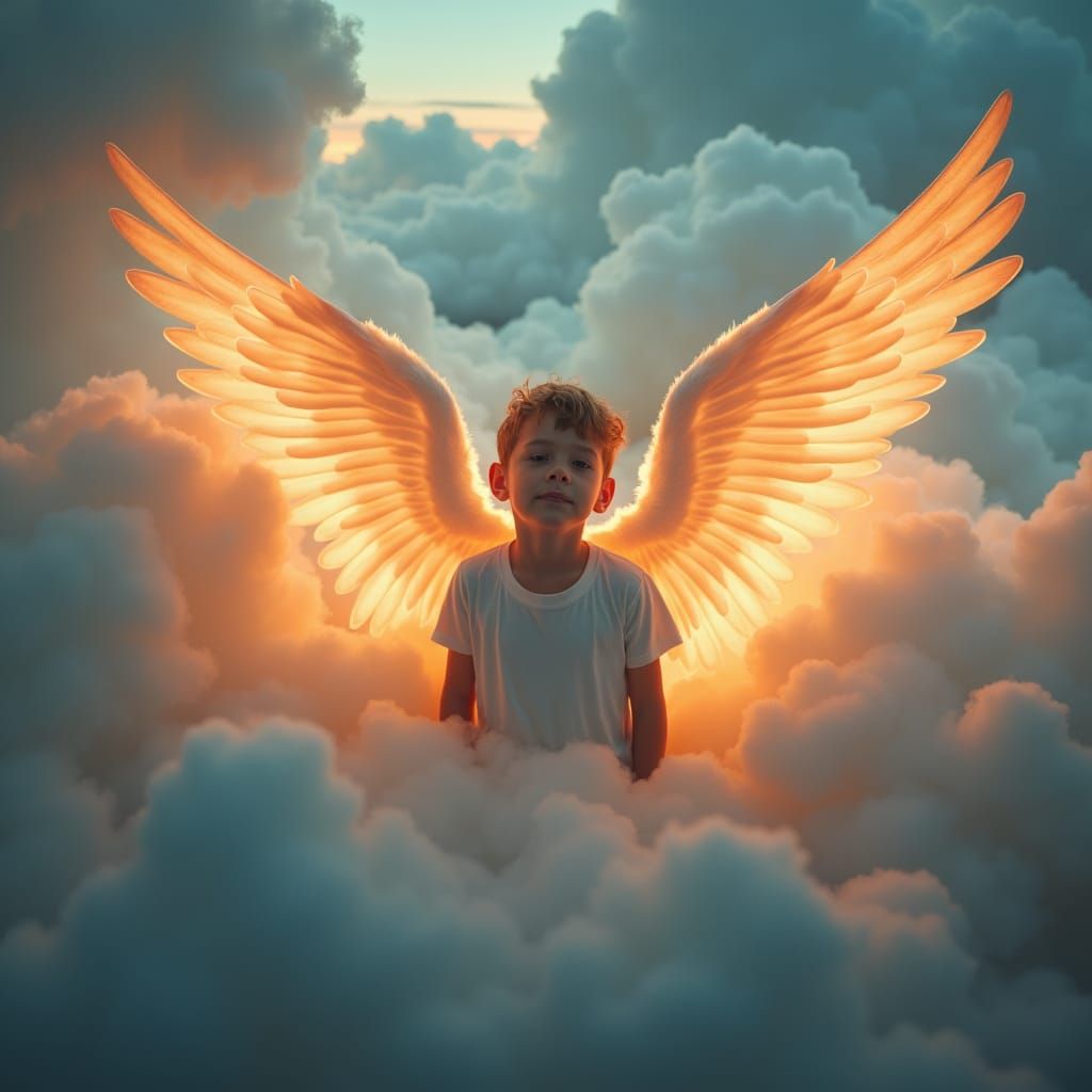 Boy with Glowing Wings in Heavenly Dreamscape