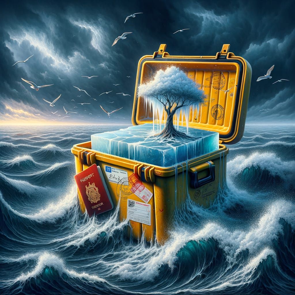 Surreal Cooler Drifting on Stormy Ocean