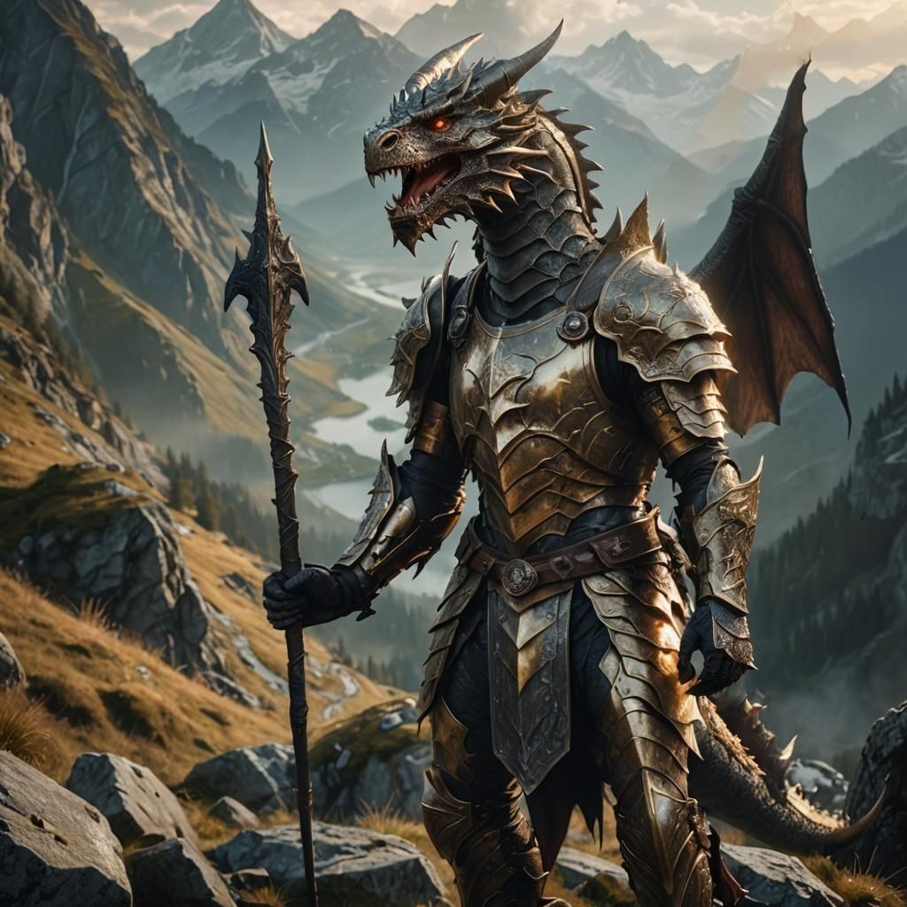 Winged Draconian with Spear on Alpine Trail