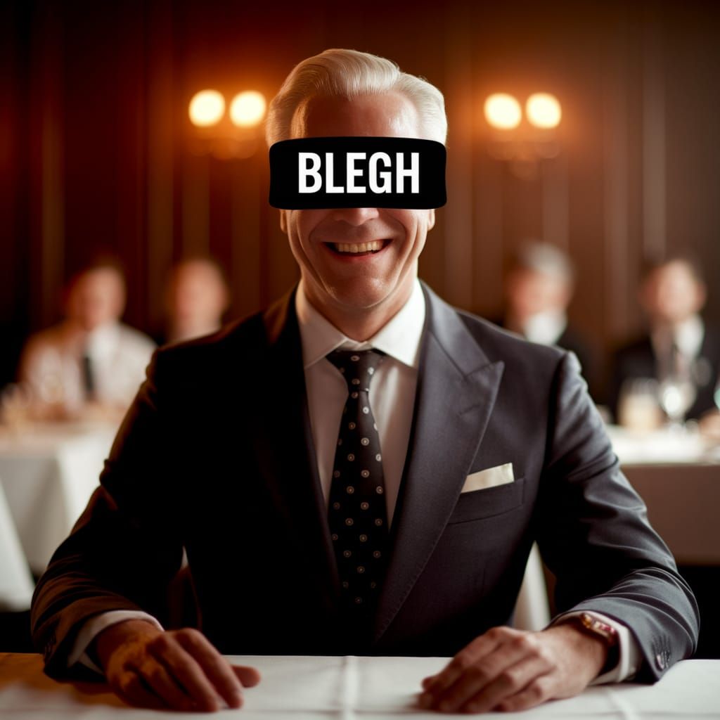 Man in Suit Smiles Behind "BLEGH" Blindfold