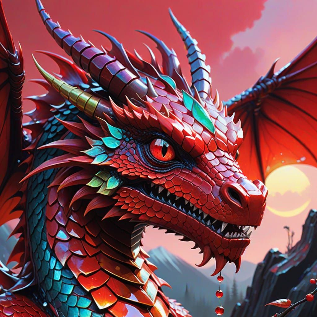 Iridescent Red Dragon in Textured Crimson Fusion