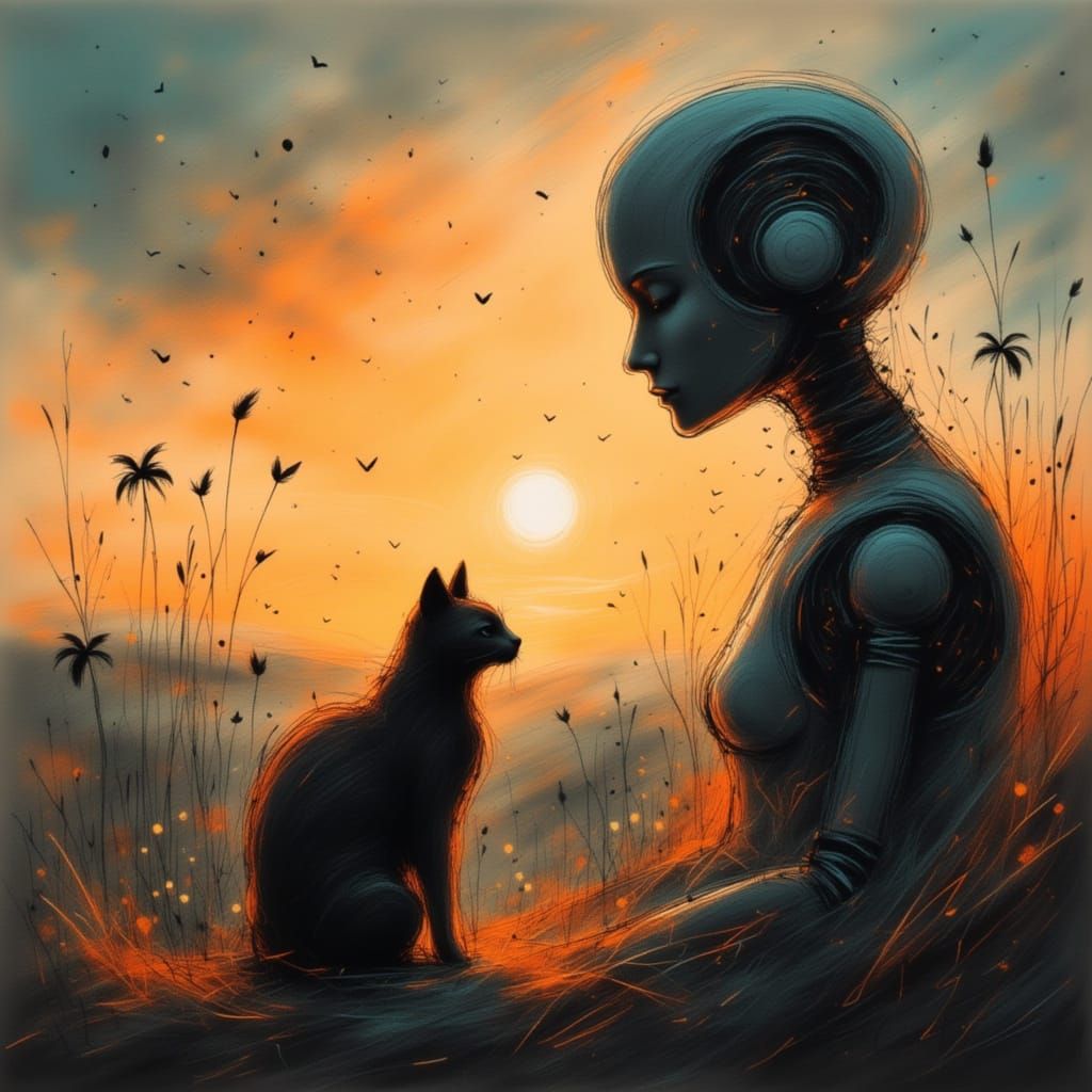 Retro Futurism Robot Watches Sunrise With Cat