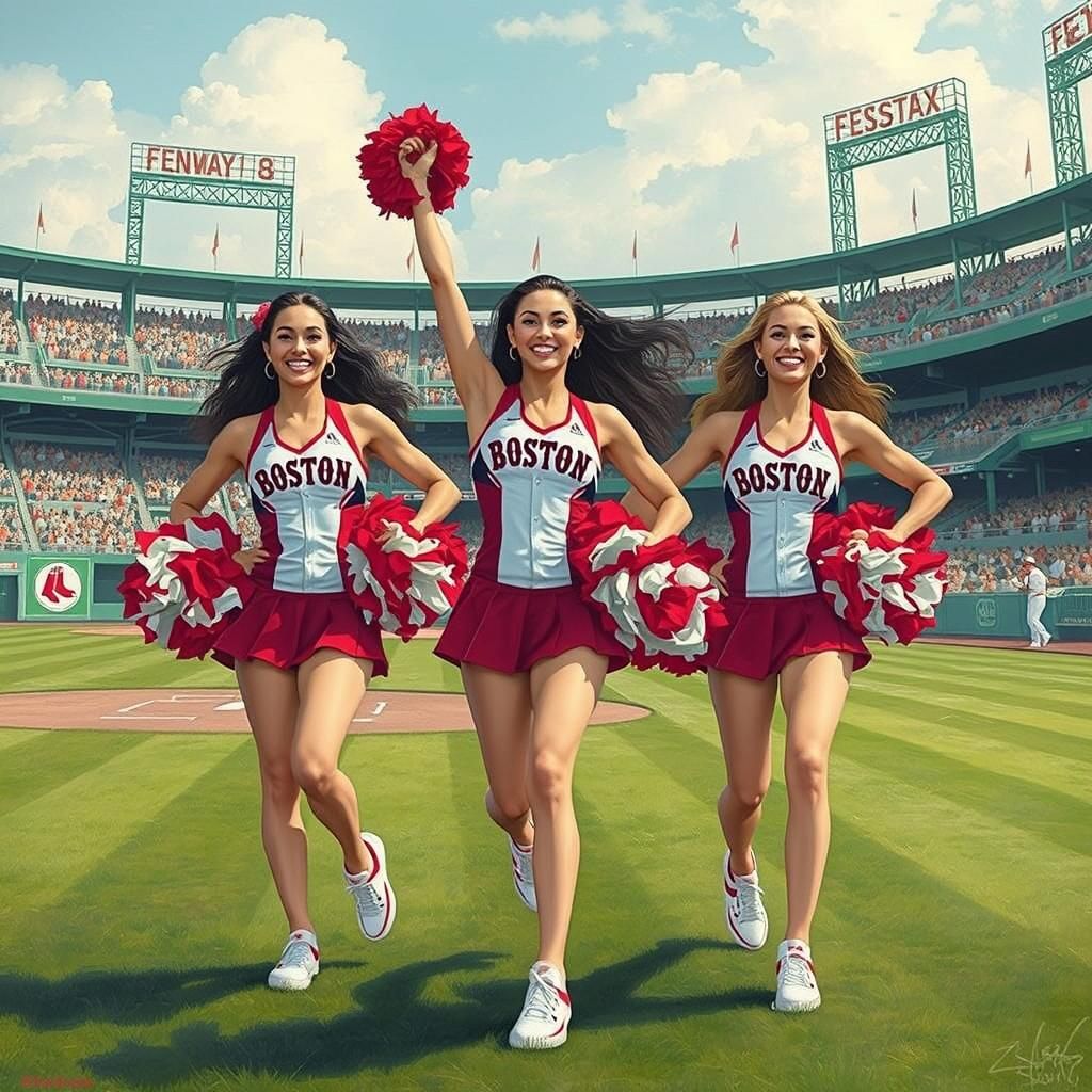 Boston Redsox cheerleaders entertaining a baseball crowd at Fenway Park ballpark