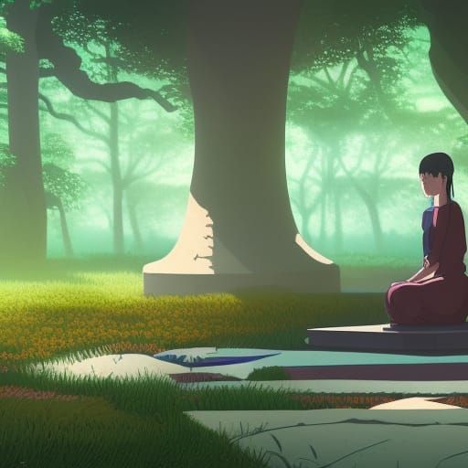 Cyberpunk Woman Meditates in Zen Garden