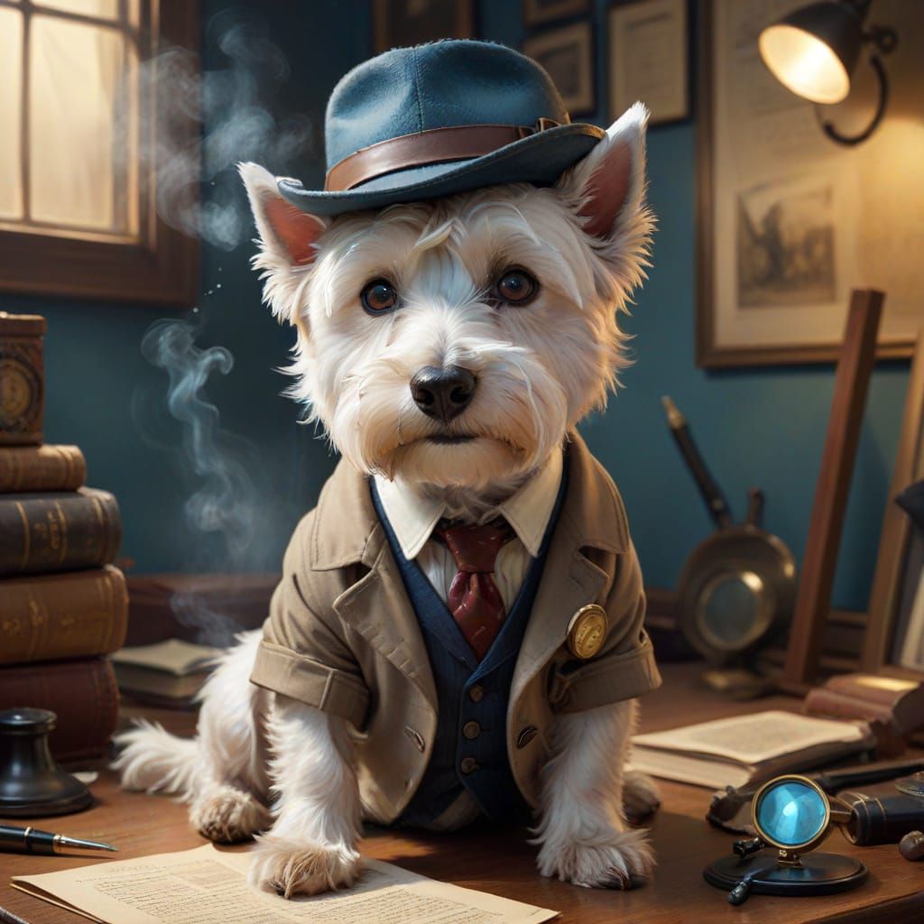 A Westie Detective Investigates in Oil Painting Style