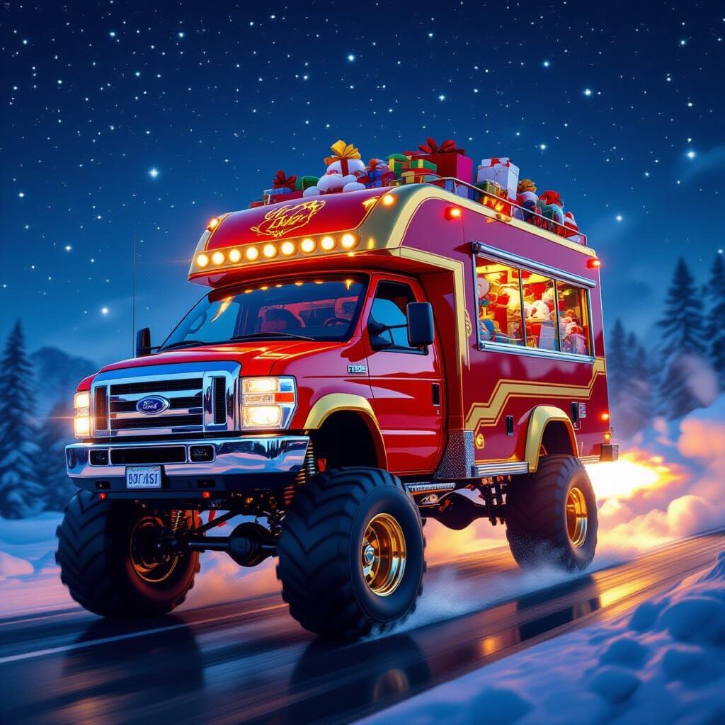 Santa's High-Tech Van Soars Through the Night Sky