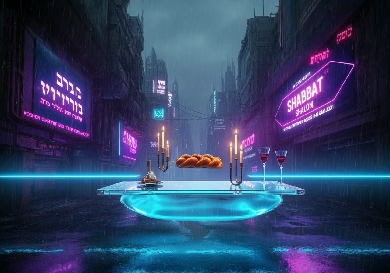 Cyberpunk Shabbat Table in Mid-Air Amidst Dystopian Cityscap...