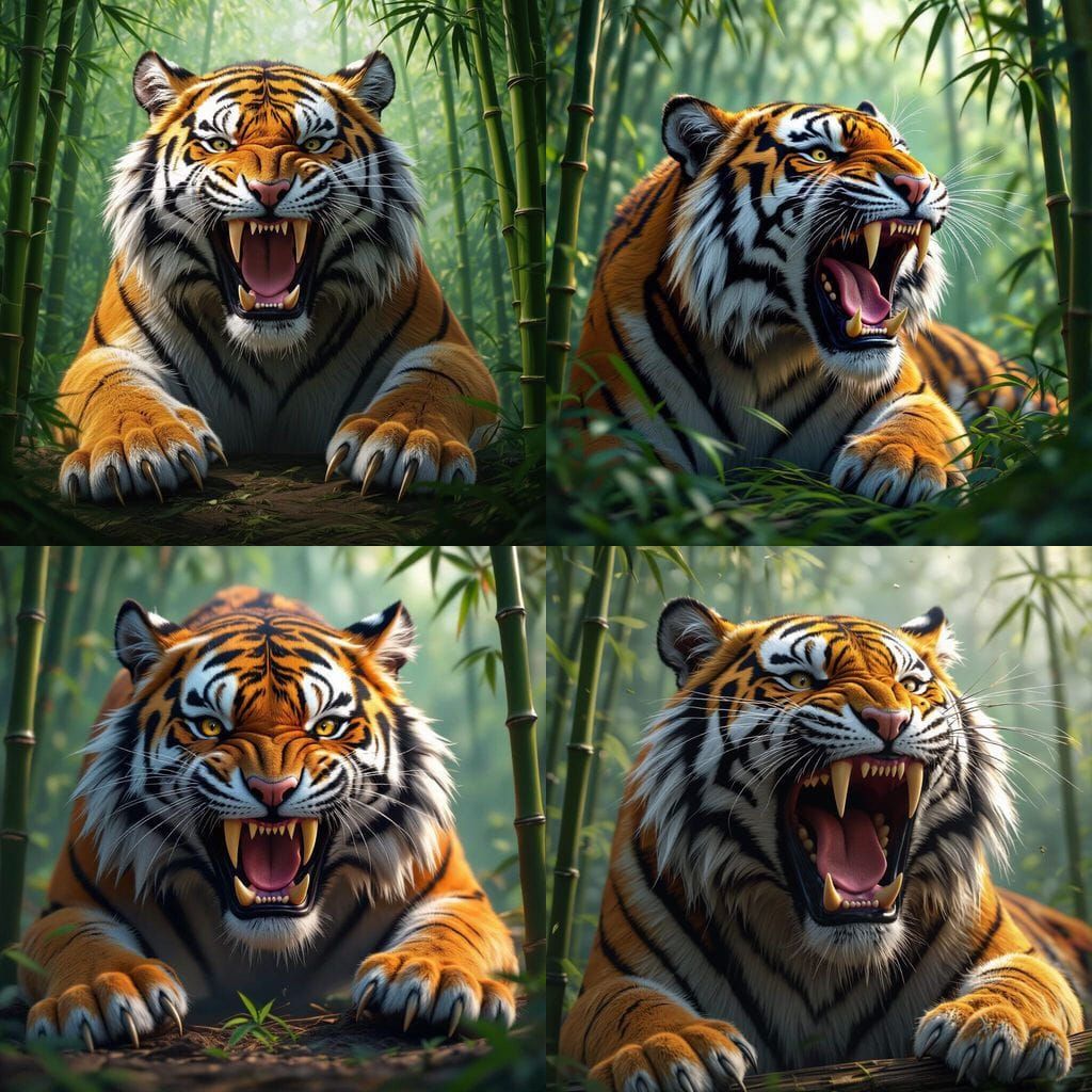 Fierce Tiger Roaring with Sharp Teeth Amidst Bamboo, Detaile...