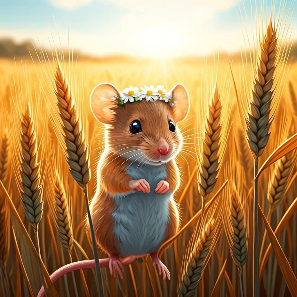 Mouse in Wheat Field: Impressionist Watercolor