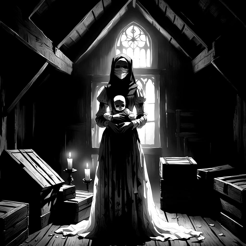 Gothic Attic Scene with Woman and Doll