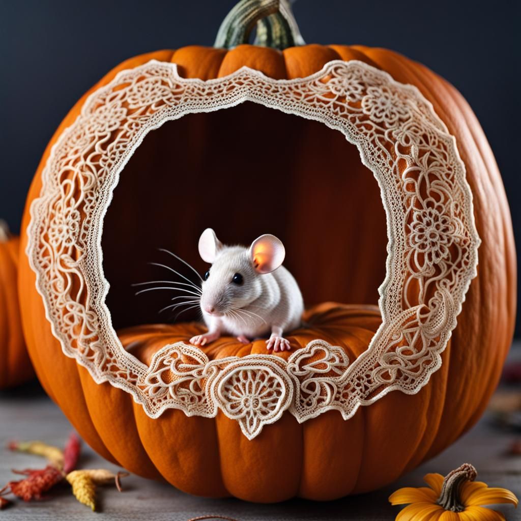 Mouse in a Lace Carved Pumpkin
