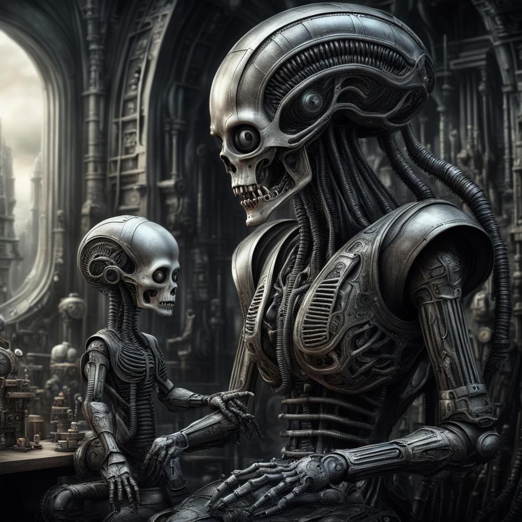 Robot Mother and Baby in Giger Style