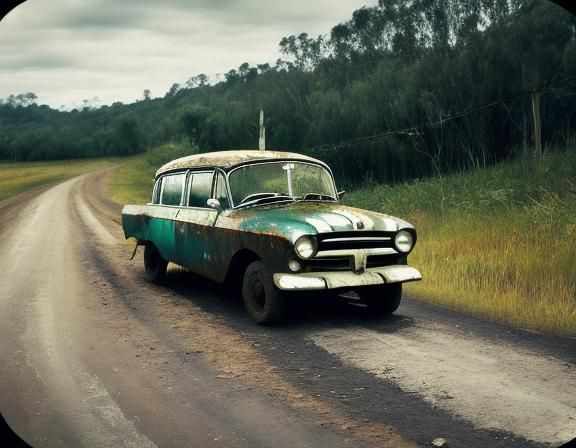 Vintage Car on Country Road, Nostalgic Style
