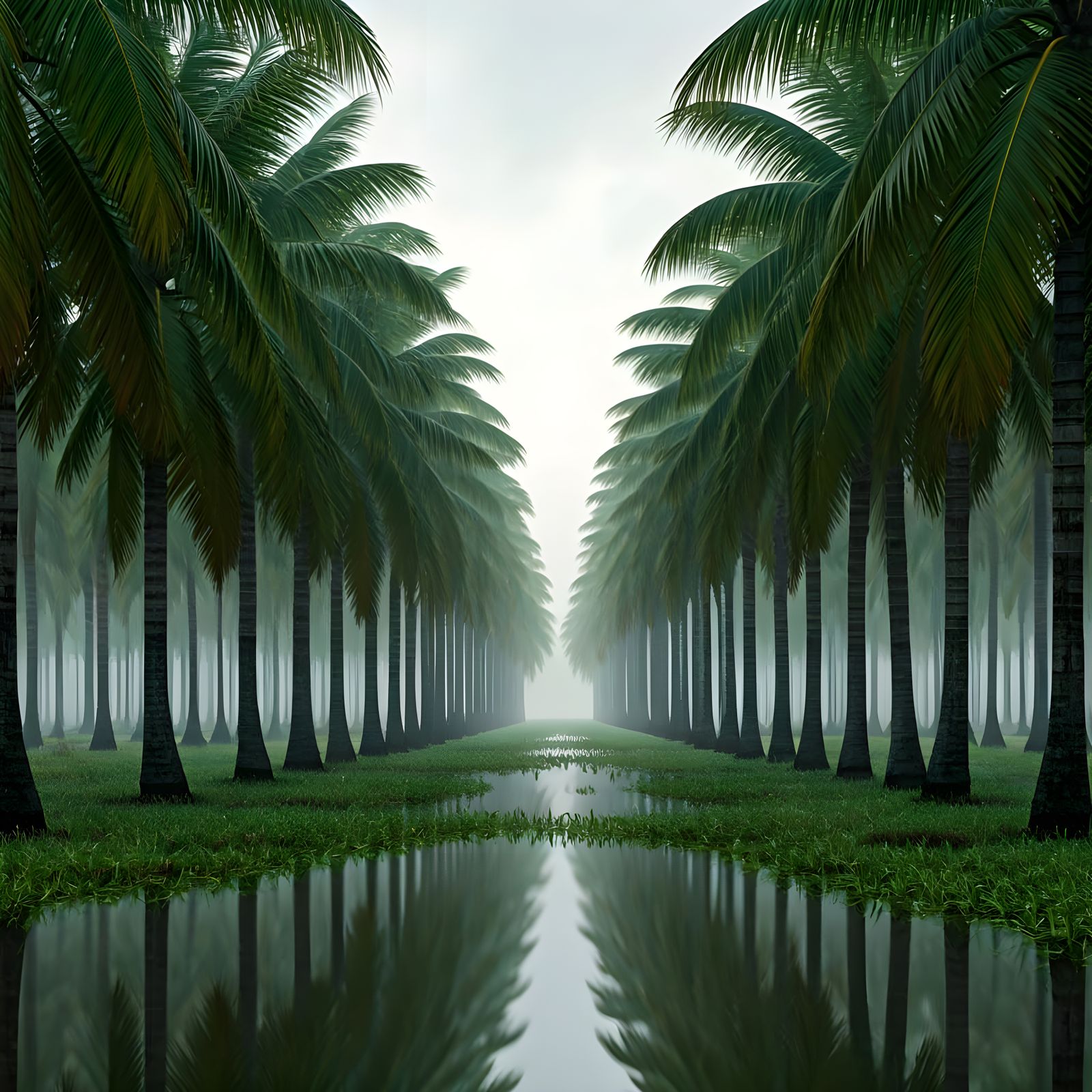 Lush Dewy Coconut Plantation on a Cold Morning