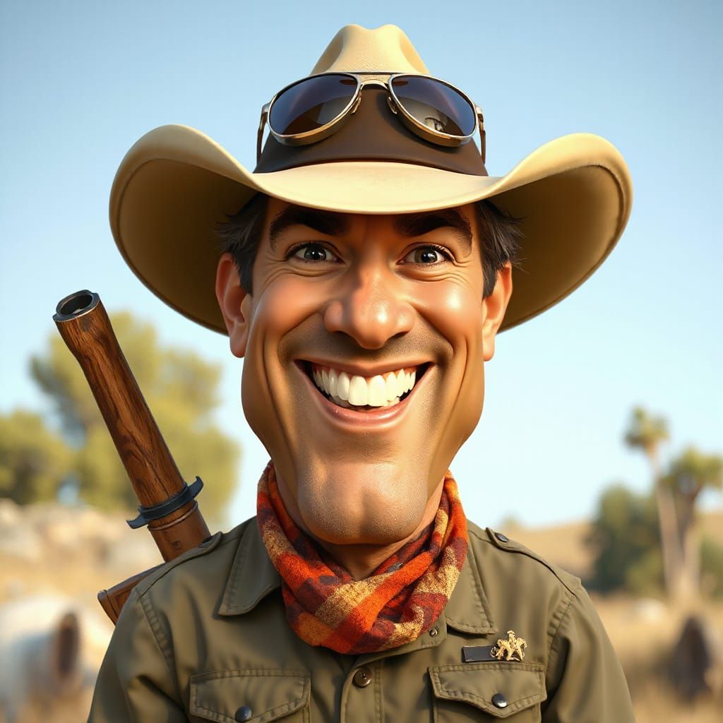 Comical Caricature Of Australian Hunter In Cowboy Clothes