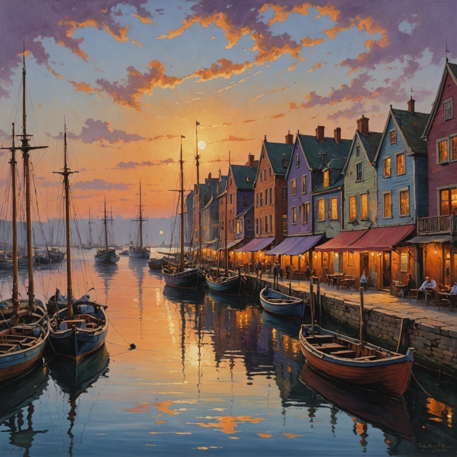 Historic Harbor Scene in Warm Oil Painting