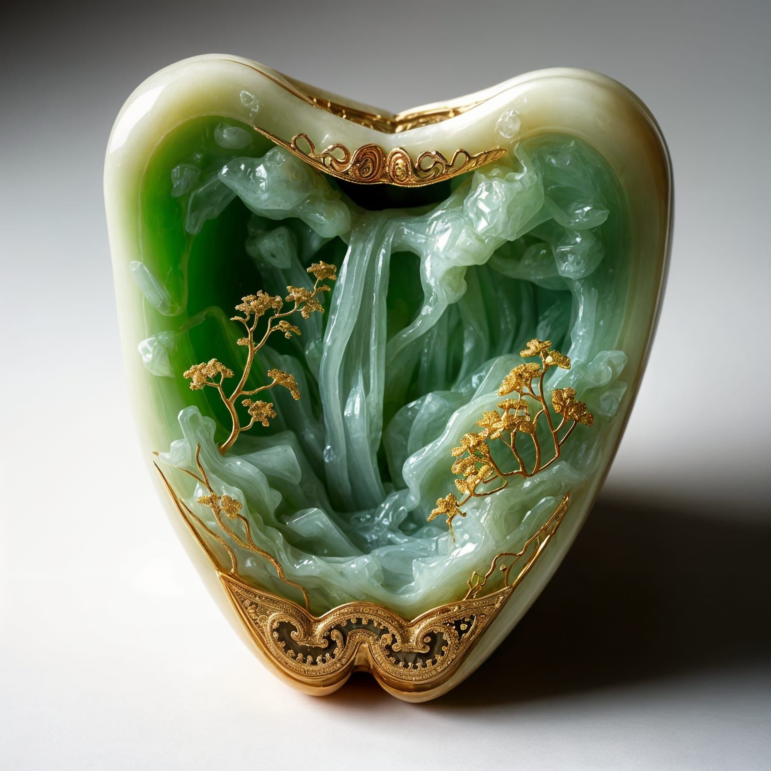 Molar Landscape: Exquisite Jade Carving with 3D Gold Accents